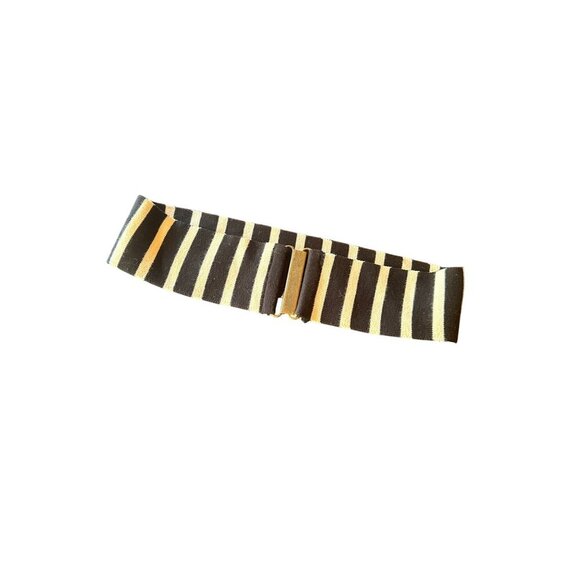 Black & White Striped Elastic Stretch Belt With Gold-Tone Metal Clasp - Picture 1 of 4